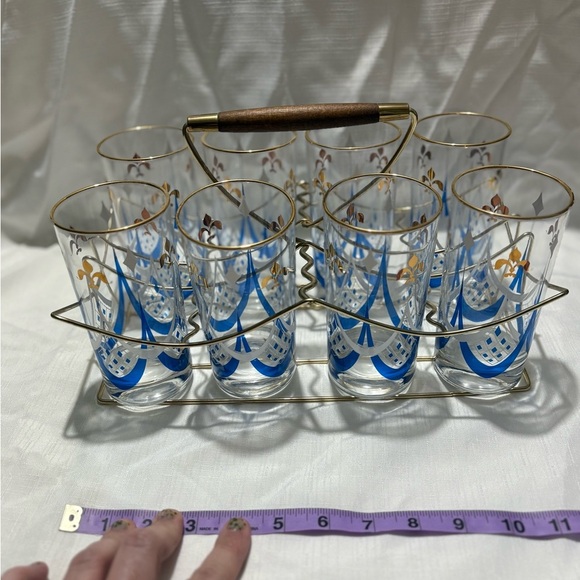 Vintage Elegant Gold and Blue Glass Set with Holder - Picture 6 of 9